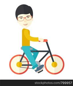 An asian man riding a bicycle vector flat design illustration isolated on white background. Sport concept. Vertical layout.. Byciclist.
