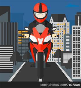 An asian man riding a motorcycle on the background of night city vector flat design illustration. Square layout.. Man riding motorcycle.
