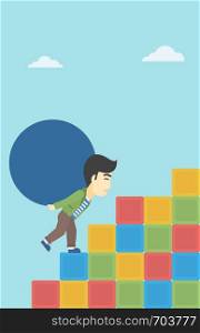 An asian man rising up on the colored cubes and carrying a big stone on his back. Man with huge concrete ball. Vector flat design illustration. Vertical layout.. Man carrying concrete ball uphill.