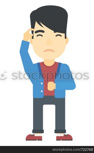 An asian man scratching his temple with finger vector flat design illustration isolated on white background. Vertical layout.. Man scratching his temple with finger