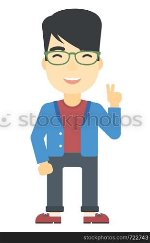 An asian man showing a sign of peace vector flat design illustration isolated on white background. Vertical layout.. Man showing a sign of peace.