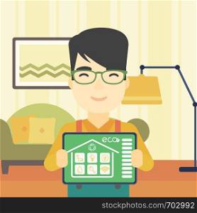 An asian man showing a tablet computer with smart home application on a screen on the background of living room. Vector flat design illustration. Square layout.. Smart home automation vector illustration.