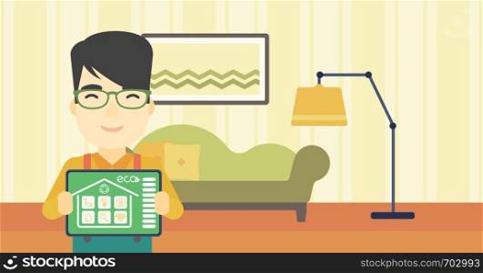An asian man showing a tablet computer with smart home application on a screen on the background of living room. Vector flat design illustration. Horizontal layout.. Smart home automation vector illustration.