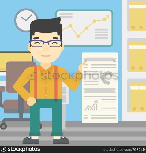 An asian man showing his business presentation with some text and charts. Man giving a business presentation in the office. Vector flat design illustration. Square layout.. Man making business presentation.