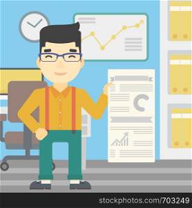 An asian man showing his business presentation with some text and charts. Man giving a business presentation in the office. Vector flat design illustration. Square layout.. Man making business presentation.