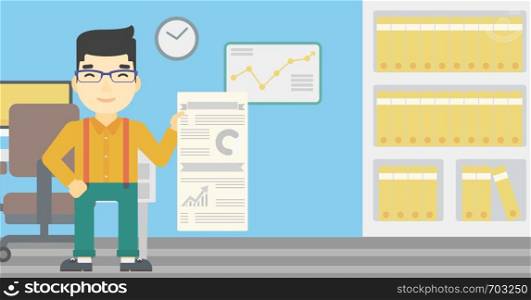 An asian man showing his business presentation with some text and charts. Man giving a business presentation in the office. Vector flat design illustration. Horizontal layout.. Man making business presentation.