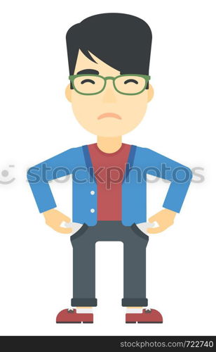 An asian man showing his epmty pockets vector flat design illustration isolated on white background. Vertical layout.. Bancrupt business man.