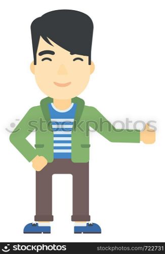 An asian man showing thumbs up sign vector flat design illustration isolated on white background. Vertical layout.. Man showing thumbs up.