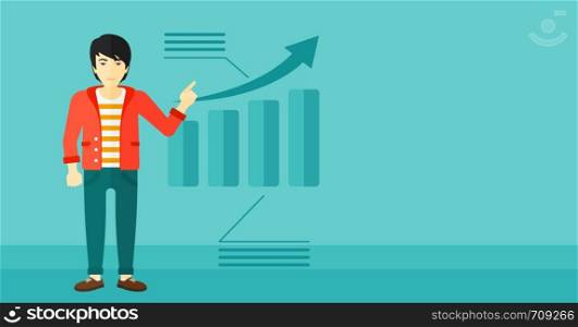An asian man showing with his forefinger at increasing chart on a blue background vector flat design illustration. Horizontal layout.. Man presenting report.