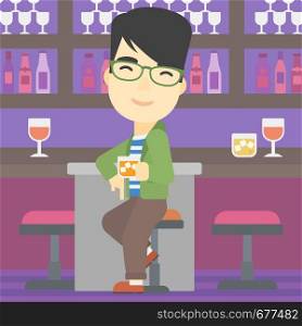 An asian man sitting at the bar counter. Man sitting with glass in bar. Cheerful young man sitting alone at the bar counter. Vector flat design illustration. Square layout.. Man sitting at the bar counter.