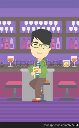 An asian man sitting at the bar counter. Man sitting with glass in bar. Cheerful young man sitting alone at the bar counter. Vector flat design illustration. Vertical layout.. Man sitting at the bar counter.