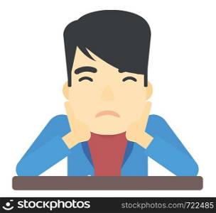 An asian man sitting at the table and clutching his head vector flat design illustration isolated on white background. . Man clutching his head in desperate.