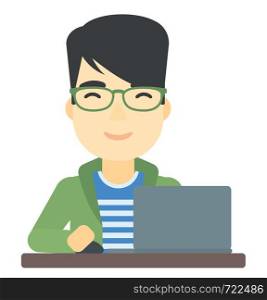 An asian man sitting at the table and working at the laptop vector flat design illustration isolated on white background.. Man working at laptop.