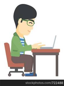 An asian man sitting at the table and working at the laptop vector flat design illustration isolated on white background.. Man working at laptop.