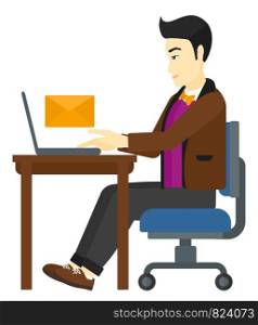 An asian man sitting at the table in front of a laptop with a big envelope above vector flat design illustration isolated on white background. . Man receiving email.