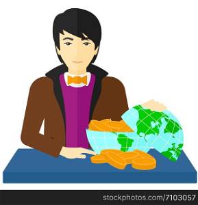 An asian man sitting at the table with a globe model full of coins vector flat design illustration isolated on white background. . Man with globe full of money.