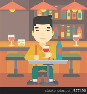 An asian man sitting at the table with glass and bottle of wine. Man drinking wine at bar. Man enjoying a drink at wine bar. Vector flat design illustration. Square layout.. Man drinking wine at restaurant.