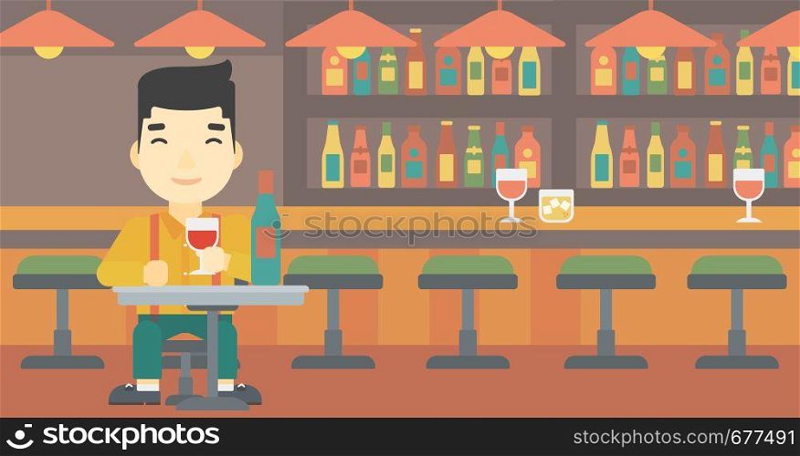 An asian man sitting at the table with glass and bottle of wine. Man drinking wine at bar. Man enjoying a drink at wine bar. Vector flat design illustration. Horizontal layout.. Man drinking wine at restaurant.