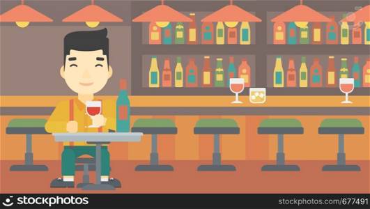 An asian man sitting at the table with glass and bottle of wine. Man drinking wine at bar. Man enjoying a drink at wine bar. Vector flat design illustration. Horizontal layout.. Man drinking wine at restaurant.