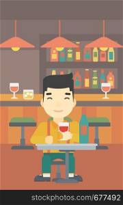 An asian man sitting at the table with glass and bottle of wine. Man drinking wine at bar. Man enjoying a drink at wine bar. Vector flat design illustration. Vertical layout.. Man drinking wine at restaurant.