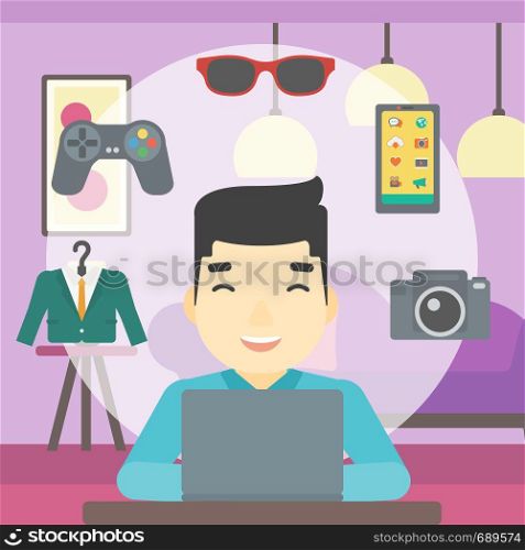 An asian man sitting in front of laptop and some images of goods around him. Man doing online shopping. Man buying on internet. Vector flat design illustration. Square layout.. Man shopping online using his laptop.