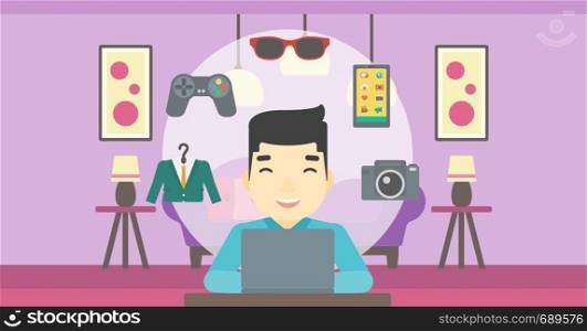An asian man sitting in front of laptop and some images of goods around him. Man doing online shopping. Man buying on internet. Vector flat design illustration. Horizontal layout.. Man shopping online using his laptop.