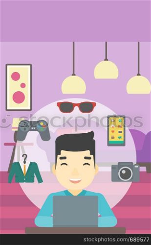 An asian man sitting in front of laptop and some images of goods around him. Man doing online shopping. Man buying on internet. Vector flat design illustration. Vertical layout.. Man shopping online using his laptop.