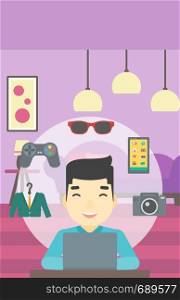 An asian man sitting in front of laptop and some images of goods around him. Man doing online shopping. Man buying on internet. Vector flat design illustration. Vertical layout.. Man shopping online using his laptop.