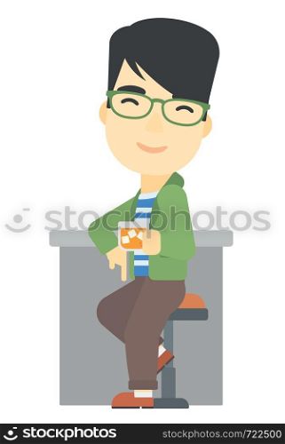 An asian man sitting near the bar counter vector flat design illustration isolated on white background. . Man sitting at bar.