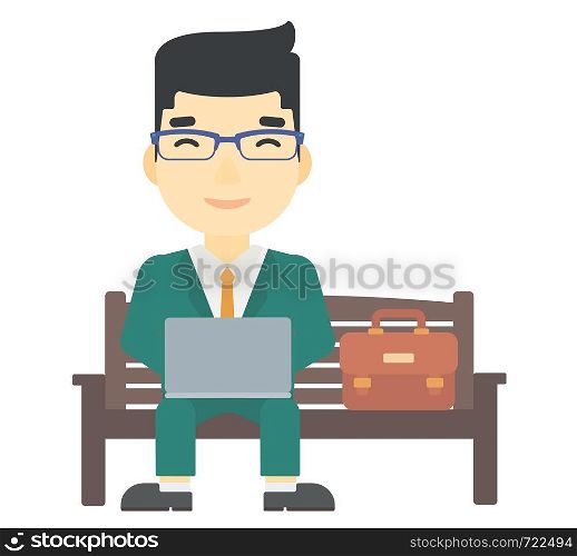 An asian man sitting on a bench and working on a laptop vector flat design illustration isolated on white background. . Man working on laptop.