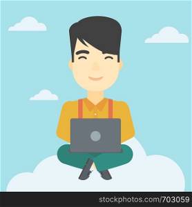 An asian man sitting on a cloud with a laptop on his knees. Happy man using cloud computing technology. Cloud computing concept. Vector flat design illustration. Square layout.. Man using cloud computing technology.