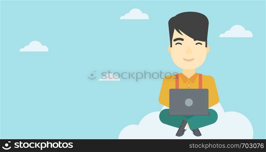 An asian man sitting on a cloud with a laptop on his knees. Happy man using cloud computing technology. Cloud computing concept. Vector flat design illustration. Horizontal layout.. Man using cloud computing technology.