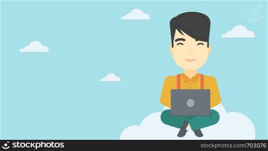 An asian man sitting on a cloud with a laptop on his knees. Happy man using cloud computing technology. Cloud computing concept. Vector flat design illustration. Horizontal layout.. Man using cloud computing technology.