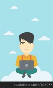 An asian man sitting on a cloud with a laptop on his knees. Happy man using cloud computing technology. Cloud computing concept. Vector flat design illustration. Vertical layout.. Man using cloud computing technology.
