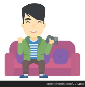 An asian man sitting on a sofa with gamepad in hands vector flat design illustration isolated on white background.. Man playing video game.