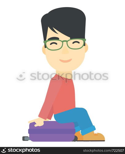 An asian man sitting on his suitcase vector flat design illustration isolated on white background.. Man sitting on his suitcase.