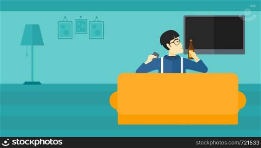 An asian man sitting on the couch in living room and watching tv with remote controller in one hand and a bottle in another vector flat design illustration. Horizontal layout.. Man watching TV.