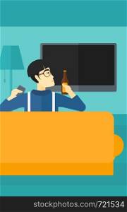 An asian man sitting on the couch in living room and watching tv with remote controller in one hand and a bottle in another vector flat design illustration. Vertical layout.. Man watching TV.