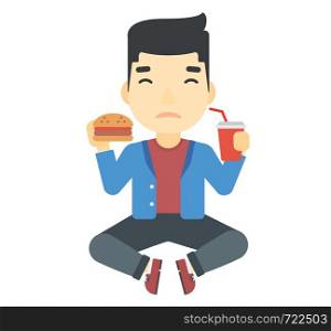 An asian man sitting on the floor while eating hamburger and drinking soda vector flat design illustration isolated on white background. . Man eating hamburger.