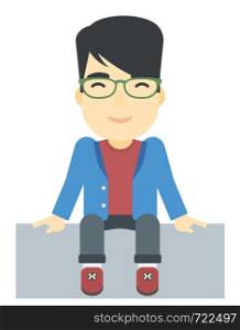 An asian man sitting vector flat design illustration isolated on white background. . Smiling man sitting.