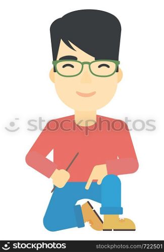 An asian man sitting vector flat design illustration isolated on white background. . Smiling man sitting.
