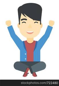 An asian man sitting with crossed legs and raised hands up vector flat design illustration isolated on white background. . Man sitting with crossed legs and raised hands up.