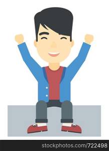 An asian man sitting with raised hands up vector flat design illustration isolated on white background. . Man sitting with raised hands up.