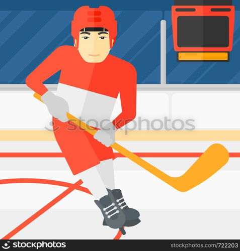 An asian man skating with a stick on ice rink vector flat design illustration. Square layout.. Ice-hockey player with stick.