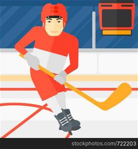 An asian man skating with a stick on ice rink vector flat design illustration. Square layout.. Ice-hockey player with stick.