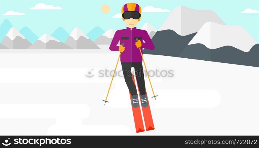 An asian man skiing on the background of snow capped mountain vector flat design illustration. Horizontal layout.. Young man skiing.