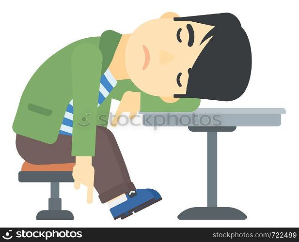 An asian man sleeping at the table vector flat design illustration isolated on white background. . Man sleeping in bar.