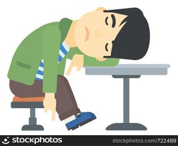 An asian man sleeping at the table vector flat design illustration isolated on white background. . Man sleeping in bar.