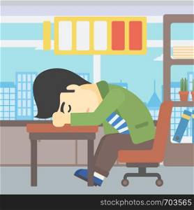 An asian man sleeping at workplace on laptop keyboard and low power battery sign over his head. Man sleeping in the office. Vector flat design illustration. Square layout.. Man sleeping at workplace vector illustration.