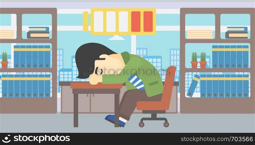 An asian man sleeping at workplace on laptop keyboard and low power battery sign over his head. Man sleeping in the office. Vector flat design illustration. Horizontal layout.. Man sleeping at workplace vector illustration.
